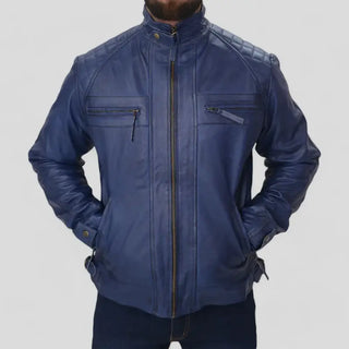 Slim Fit Blue Leather Biker Jacket for Men