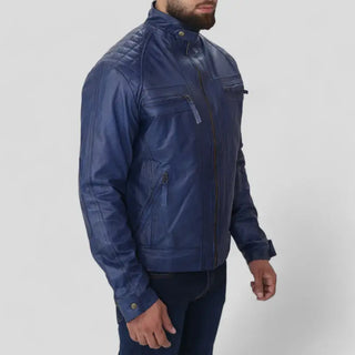 Pure Leather Biker Jacket for Men – Blue Slim Fit