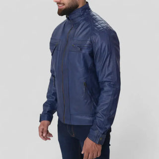 Men’s Fashion Biker Jacket – Blue Slim Fit Leather