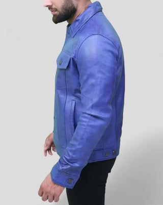 Men's Real Leather Classic Blue Trucker Jacket