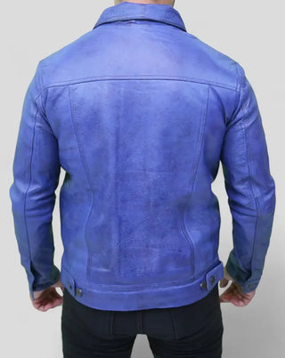 Stylish Men's Blue Leather Trucker Jacket