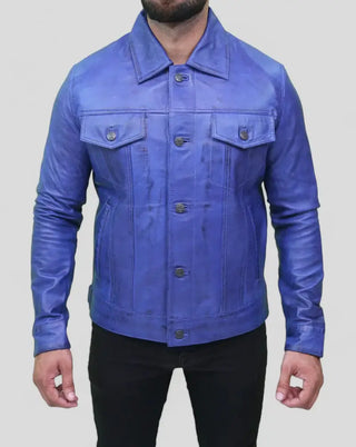 Men's Classic Blue Real Leather Trucker Jacket