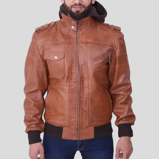 Men's Grey Removable Hood Brown Leather Jacket