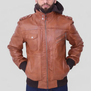 Men's Brown Leather Jacket with Removable Grey Hood