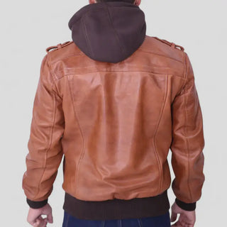 Men's Brown Leather Jacket – Removable Grey Hoodie Style