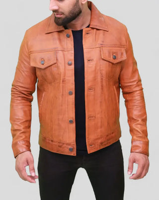 Classic Light Brown Leather Trucker Jacket for Men