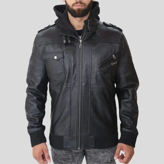 Men's Leather Jacket with Removable Hood