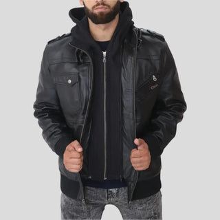 Men's Hooded Leather Jacket with Detachable Hood