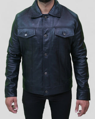 Mens black leather trucker jacket