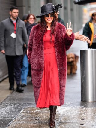 NYC 2026 Priyanka Chopra Burgundy Fur Coat