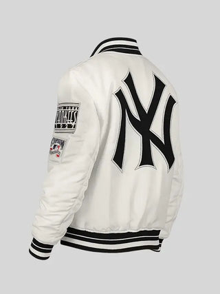 Retro New York Yankees Satin Off-White Varsity Jacket For Men & Women