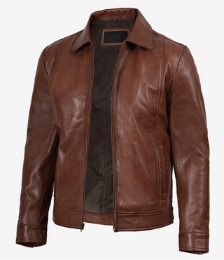 Reeves Men's Harrington Cognac Real Leather Jacket-Leathers' Mens Brown Premium Classic Motorcycle Trucker Leather Jacket