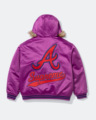 Supreme x Mitchell & Ness Atlanta Braves Hooded Purple Varsity Jacket