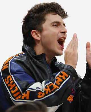 Timothee Chalamet 2026 Cavaliers vs Knicks Leather Black Jacket