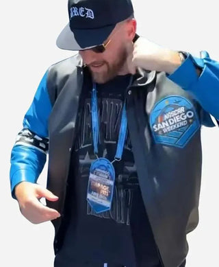 Travis Kelce NASCAR San Diego Blue & Black  Leather Jacket For Men & Women