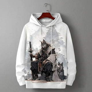 White Japanese Wolf Samurai Graphic Pullover Hoodie