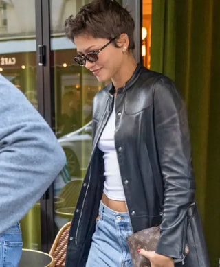 Zendaya Paris Black Leather Coat For Women
