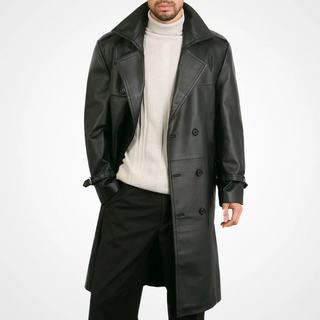 Mens black leather coat Classic Genuine Leather Trench Coat Belted Black Leather Trench Coat