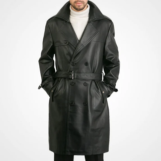 Mens black leather coat Classic Genuine Leather Trench Coat Belted Black Leather Trench Coat