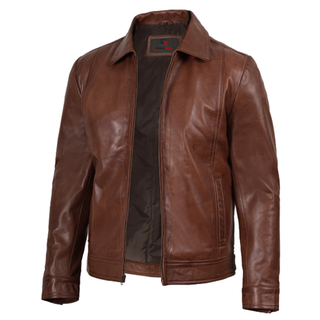 Reeves Men's Harrington Cognac Real Leather Jacket-Leathers' Mens Brown Premium Classic Motorcycle Trucker Leather Jacket
